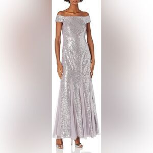 NWT Adrianna Papell Off-the-Shoulder Sequin Long Dress Gown in Lilac Grey SZ 12